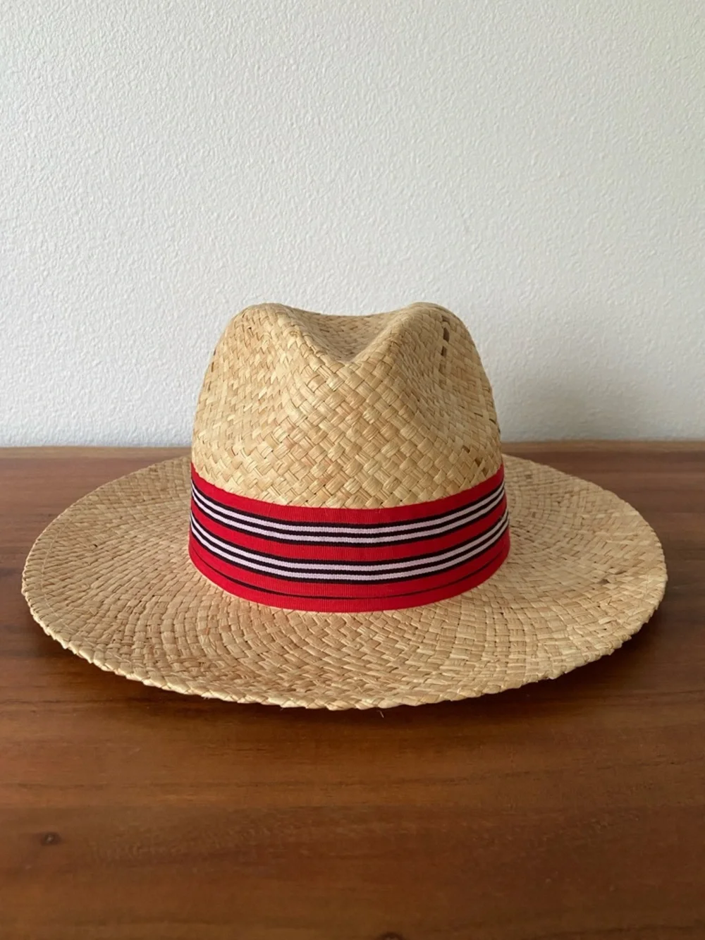 Forever 21 straw hat neutral tan woven summer hat with red ribbon band 57 cm M/L